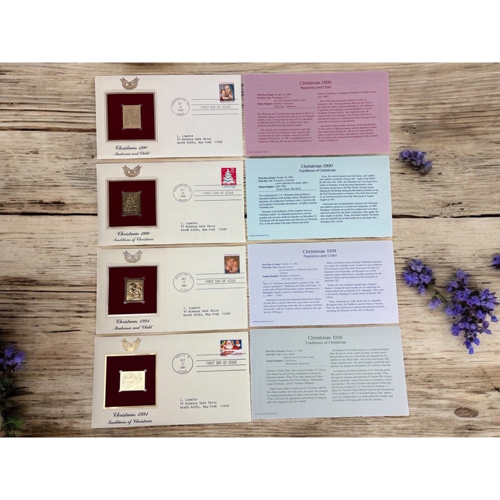 Lot Of 4 '90 & '91 22k FDC Gold Stamps: Christmas Traditions & Madonna & Child